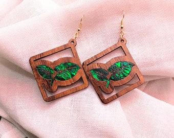 Hawaiian Koa Wood Earrings with Pearl inlay, The Kalo, Personalize, Made in Maui