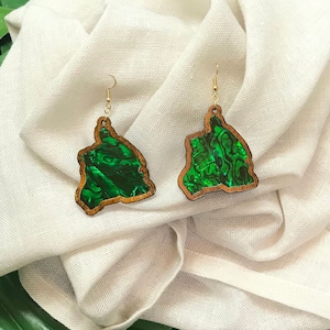 Hawaiian Koa Wood Earrings with Pearl Inlay, Personalize, Made in Maui