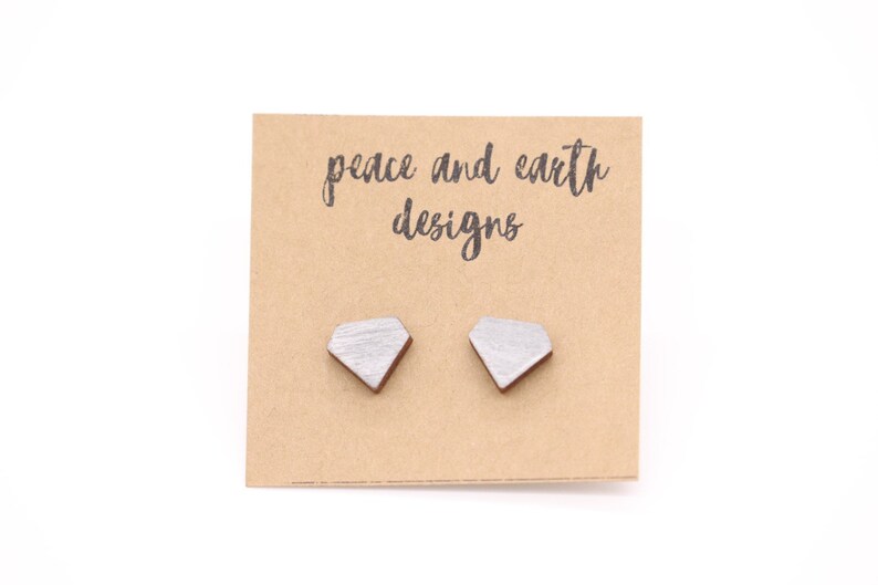 Silver Colored Diamond Shaped Wooden Laser Cut Earrings