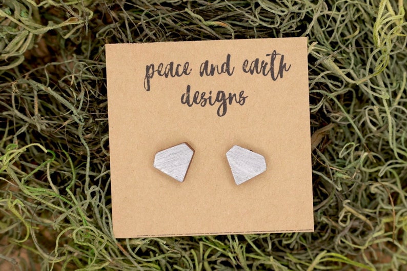Silver Colored Diamond Shaped Wooden Laser Cut Earrings