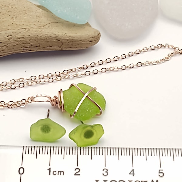 Genuine Great Lakes lime green green beach glass necklace and earring set from Lake Michigan.