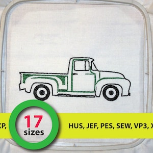 May include: Green and black embroidery design of a vintage pickup truck on white fabric. The design is available in 17 sizes and in the following formats: DST, EXP, HUS, JEF, PES, SEW, VP3, XXX.