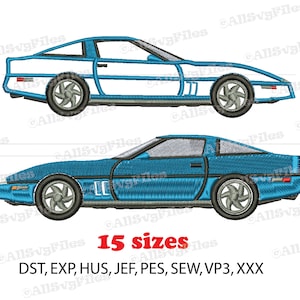 May include: Two side-by-side illustrations of a blue and white sports car. The top car is white with blue accents and the bottom car is blue with white accents. Both cars have the number 77 on the side. The text below the cars reads "15 sizes" and "DST, EXP, HUS, JEF, PES, SEW, VP3, XXX".