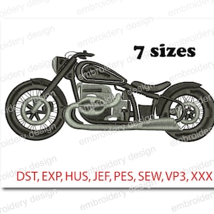May include: Embroidered design of a black motorcycle with 7 sizes available in the following formats: DST, EXP, HUS, JEF, PES, SEW, VP3, XXX.