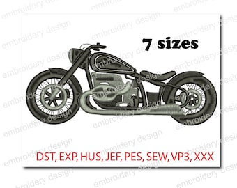 May include: Embroidered design of a black motorcycle with 7 sizes available in the following formats: DST, EXP, HUS, JEF, PES, SEW, VP3, XXX.
