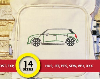 May include: Green car embroidery design in 14 sizes. The design is in a hoop on white fabric. The design is available in DST, EXP, HUS, JEF, PES, SEW, VP3, and XXX formats.