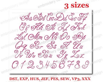 Calligraphic font A-Z  Alphabet Embroidery Designs and numbers 0- 9, Machine Embroidery Designs, 3 Sizes (2,3,4in)- Instant DownLoad