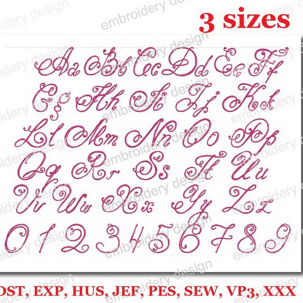 Polices calligraphiques, motifs de broderie de l'alphabet de A à Z et chiffres de 0 à 9, motifs de broderie machine, 3 tailles (2,3,4 pouces) - téléchargement immédiat