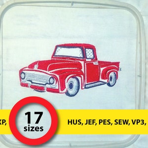 May include: Red embroidered pickup truck design in 17 sizes.  The embroidery design is available in DST, EXP, HUS, JEF, PES, SEW, VP3, and XXX formats.