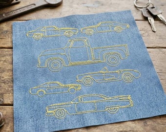 Stickmuster-Set mit Oldtimer-Autos, klassische Autos als einzeilige Stickerei, Stickdateien für Retro-Fahrzeuge, Sofort-Download