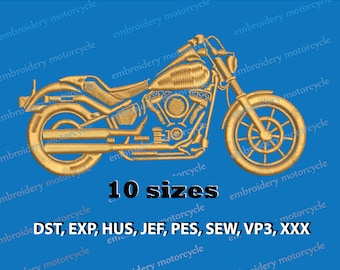 May include: A gold embroidered design of a motorcycle on a blue background. The text "10 sizes" and "DST, EXP, HUS, JEF, PES, SEW, VP3, XXX" are below the motorcycle.