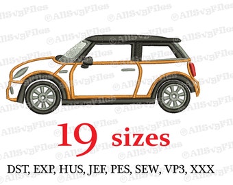 May include: A white Mini Cooper car with an orange trim and black roof. The car is facing the right side. The image includes the text "19 sizes" and "DST, EXP, HUS, JEF, PES, SEW, VP3, XXX".