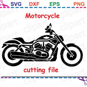 May include: Black and white silhouette of a motorcycle. The motorcycle has a large front wheel and a smaller rear wheel. The motorcycle is facing to the right. The text "Motorcycle cutting file" is below the image.