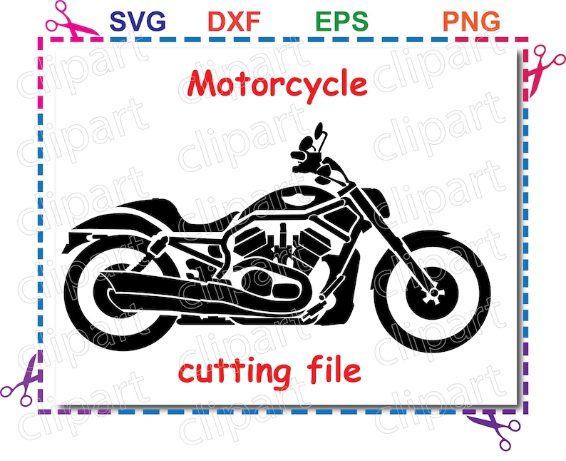 May include: Black and white silhouette of a motorcycle. The motorcycle has a large front wheel and a smaller rear wheel. The motorcycle is facing to the right. The text "Motorcycle cutting file" is below the image.