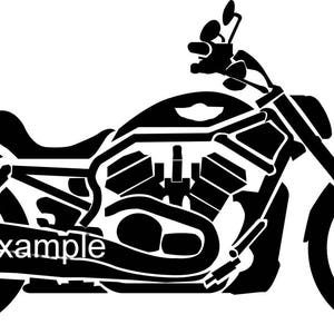 May include: Black and white silhouette of a motorcycle with a large engine and a word "example" printed on the side.