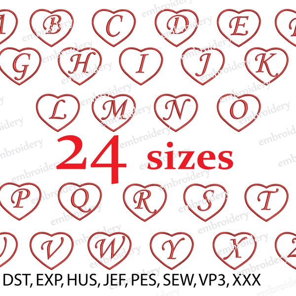 Alphabet Machine Embroidery Design,Heart Valentines day Embroidery Pattern , Embroidery Design Letters with Heart -Instant Digital Download