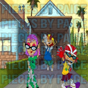 May include: Cartoon illustration featuring three characters in front of a house. One character wears a green shirt with a cannabis leaf and camouflage pants. Another smokes, and the third rides a purple skateboard with a cannabis leaf. The background includes palm trees and the text "PIECES BY PAIGE".