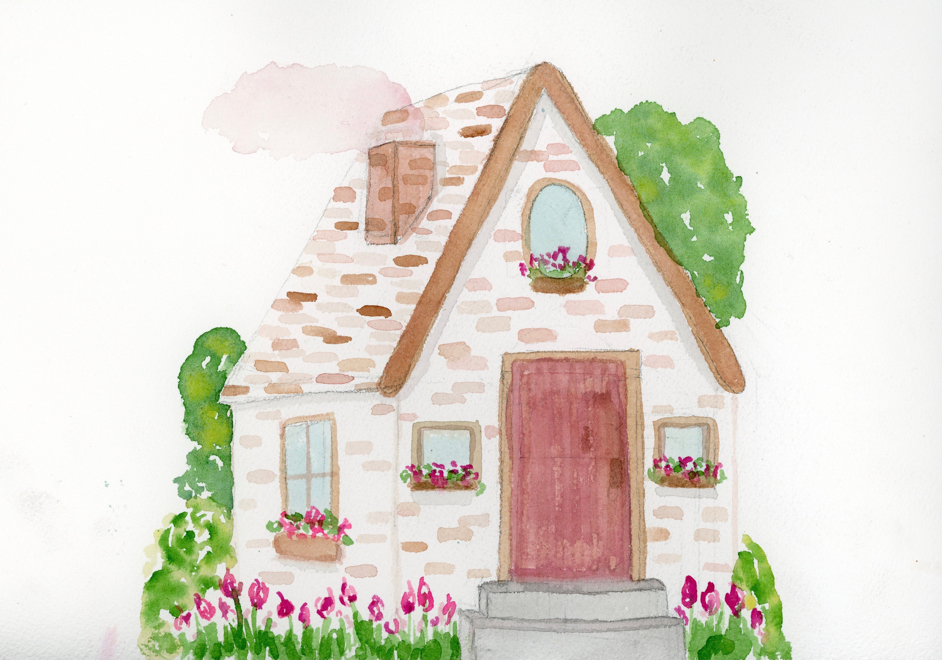 Watercolor Pink Cottage. Wall Art. Watercolor Print. Kids Room Art. - Etsy