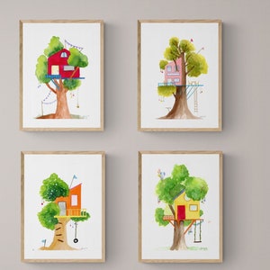 Set of 4 Watercolor Treehouse Art. Wall Art. Watercolor Print. Kids Room Art