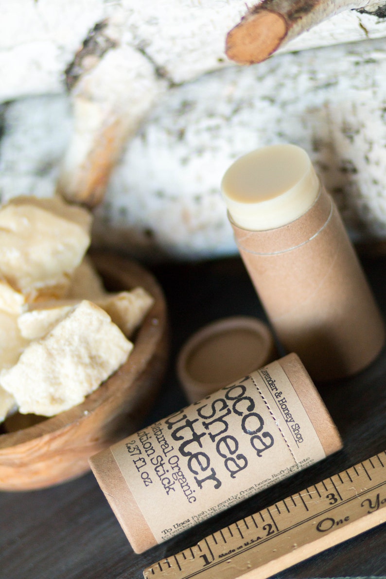 Organic lotion stick raw cocoa and shea Butter, All Natural, Recyclable cardboard paper, Lotion Push Up Stick image 4