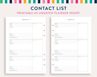 Contact List A5 Planner Inserts, Contact List Sheet, Printable Contact List, Contact List Organizer PDF