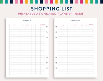 Shopping List A5 Planner Inserts, Shopping List Sheet, Printable Shopping List PDF