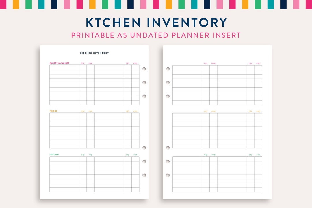 Kitchen Inventory A5 Planner Inserts, Kitchen Inventory Sheet