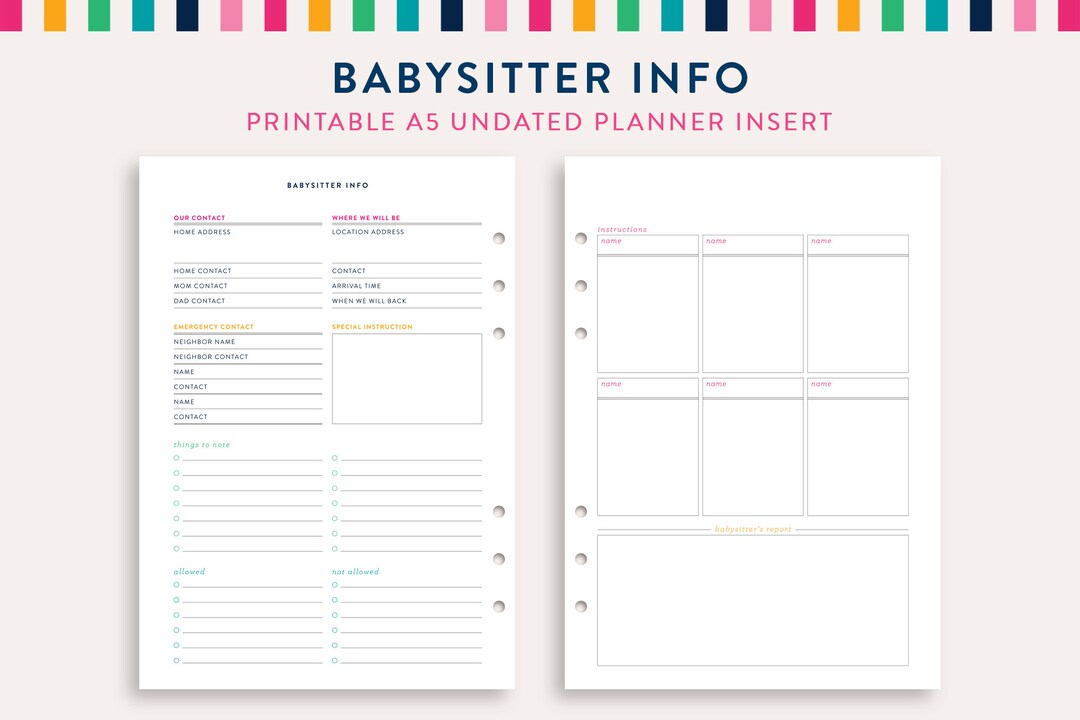 Babysitter Info A5 Planner Inserts, Babysitter Info Sheet, Printable ...
