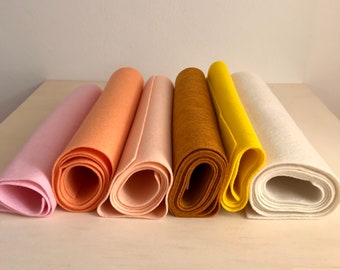 Wool Felt Sheets, 30x180cm 12" x 71“, Merino Wool Felt Rolls for crafting, Felt Sheet, Ivory Sun Marigold Yellow Skin Salmon Blush Pink