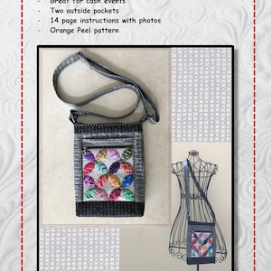 May include: A gray crossbody bag with a colorful patchwork design. The bag is sized to fit a mini-ipad and has two outside pockets. The bag is made with an Orange Peel pattern.