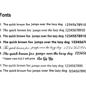 May include: A list of different fonts, showing the text "The quick brown fox jumps over the lazy dog 12345678910" in each font. The text "Upper case A,G,Y will print Aa Gg Yy" is also shown.