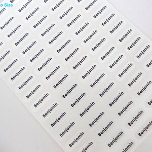 May include: A sheet of white, clear, oval-shaped labels with the name "Benjamin" printed in black on each label.