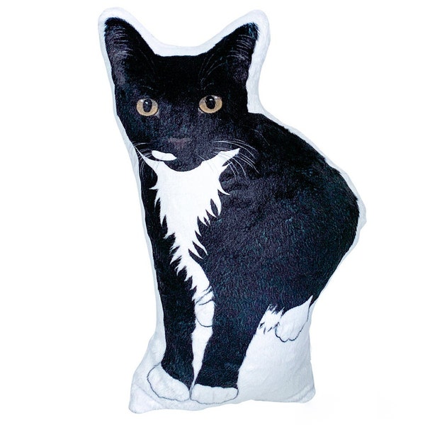 Tuxedo Cat Plushie SMALL Cat shaped Plush Pillow Black and White Cat Cat Lover Gift Cool Cat Stuff for Kids Cat Animal Pillow Half Mustache