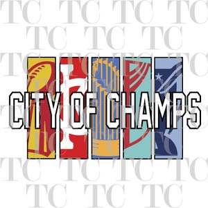 May include: A graphic design featuring five different sports team logos, including a football, baseball, basketball, hockey, and soccer team. The logos are arranged vertically with the text "CITY OF CHAMPS" in white letters across the middle.