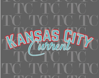 May include: A graphic design with the text "KANSAS CITY" in red and blue letters with a white outline. The text "Current" is written in blue cursive below the city name. The background is a gray pattern of the letters "TC".