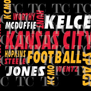 Könnte beinhalten: Ein schwarzer Hintergrund mit einer Wortwolke aus weißem, rotem und gelbem Text. Der Text enthält die Wörter "Kansas City", "Football", "Kelce", "McDuffie", "Hopkins", "Steele", "Jones", "Wentz", "Humphries", "Spags" und "Worthy".