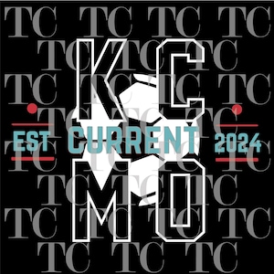 May include: Black and white graphic with the letters "KC" and "MO" in a large font. The letters are outlined in white and have a white soccer ball graphic in the center. The text "EST" and "CURRENT 2024" is below the letters.