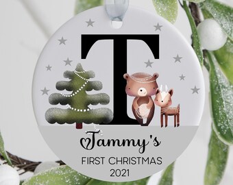 Acrylic Personalised First Christmas Born Ornament, Woodland Personalised Ornament, Personalised Newborn Christmas Decor, Newborn Baby Gift