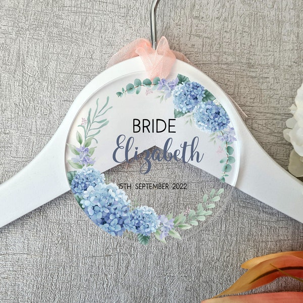 Acrylic Printed Floral Blue Hydrangea Personalised Hanger Tag, Bridesmaid Tag, Hanger Tag, Bridesmaid Gift, Hanger Gift, Wedding Tags