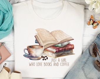 Meisje die van boeken en koffie houdt T-shirt, grappig vrouwen-T-shirt, cadeau voor vrouwen, verjaardagscadeau, kerstcadeau, grappig T-shirt, bedrukt shirt