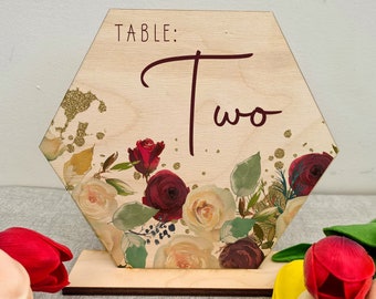 Wooden Rustic Burgundy Wedding Table Numbers, Wooden Table Number, Hexagon Wedding Table Number With Stand, Autumn Floral Wedding Decor