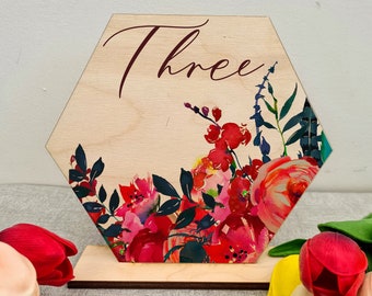 Wooden Floral Red/Blue Wedding Table Numbers, Wooden Table Number, Hexagon Wedding Table Number With Stand, Autumn Floral Wedding Decor