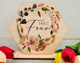Printed Autumn Floral Wedding Table Numbers, Wooden Table Number, Hexagon Wedding Table Number With Stand, Autumn Floral Wedding Decor