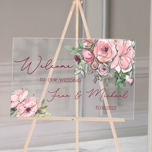 Acrylic Floral Pink Summer Welcome to Our Wedding Sign Design, Welcome To Our Wedding Personalised Sign, Acrylic Personalised Sign,