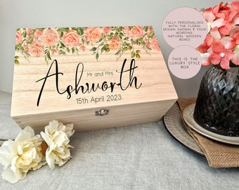 Wooden Personalised Floral Peach Wedding Memory Box, Wedding Keepsake Box, Wedding Keepsake Gift, Gift For Couple, Wedding Gift, Wood Box