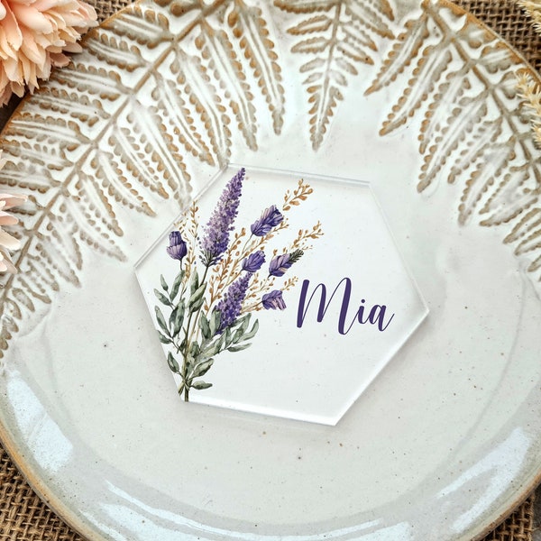 Personalised Lavender Acrylic Printed Hexagon Table Place Names, Wedding Table Place Names, Acrylic Table Place Names, Modern Wedding Name