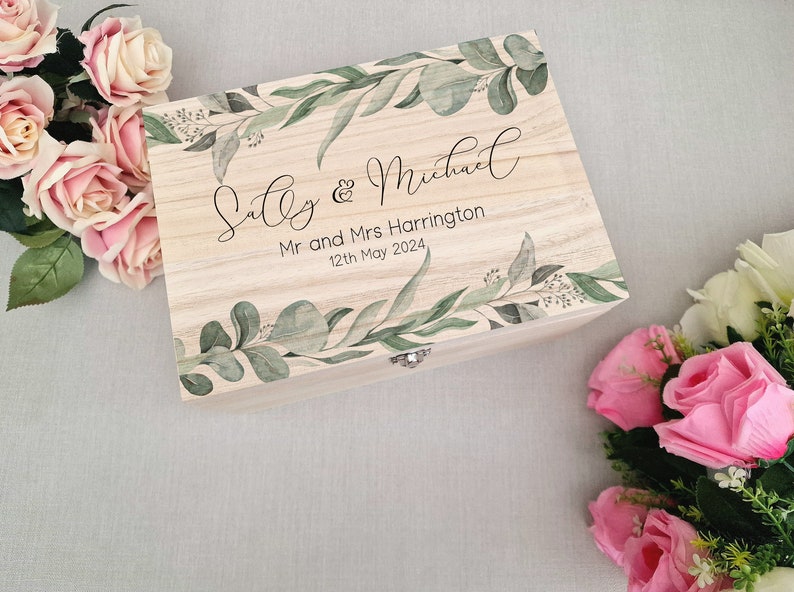 Wooden Personalised Eucalyptus Wedding Memory Box, Wedding Keepsake Box, Wedding Keepsake Gift, Gift For Couple, Wedding Gift, Wood Box image 1