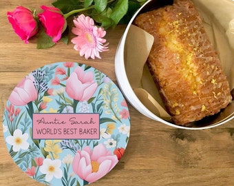 La mejor lata de pastel personalizada floral panadero del mundo, lata para hornear floral personalizada, lata de acuarela, regalo para hornear, regalo de cumpleaños personalizado