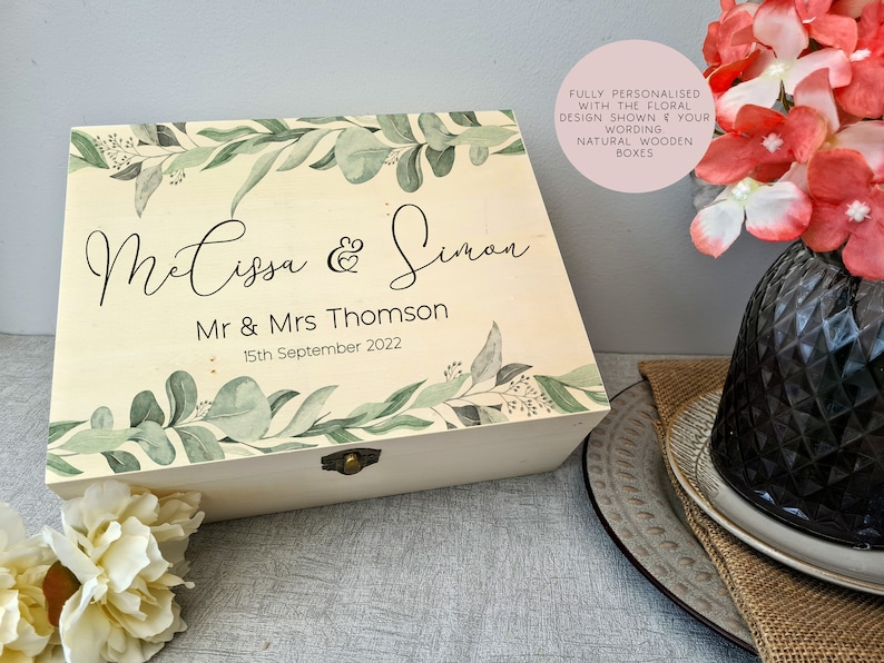 Wooden Personalised Eucalyptus Wedding Memory Box, Wedding Keepsake Box, Wedding Keepsake Gift, Gift For Couple, Wedding Gift, Wood Box Medium Standard 25cm