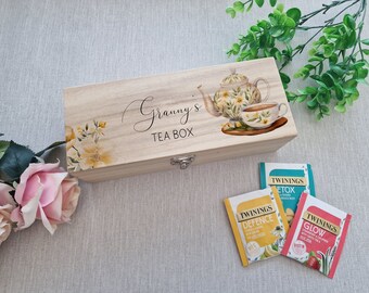 Personalised Wooden Tea Box, Floral Printed Wooden Tea Box, Personalised Mother's Day Gift, Mother's Day Gift, Granny Tea Box, Mummy Tea Box